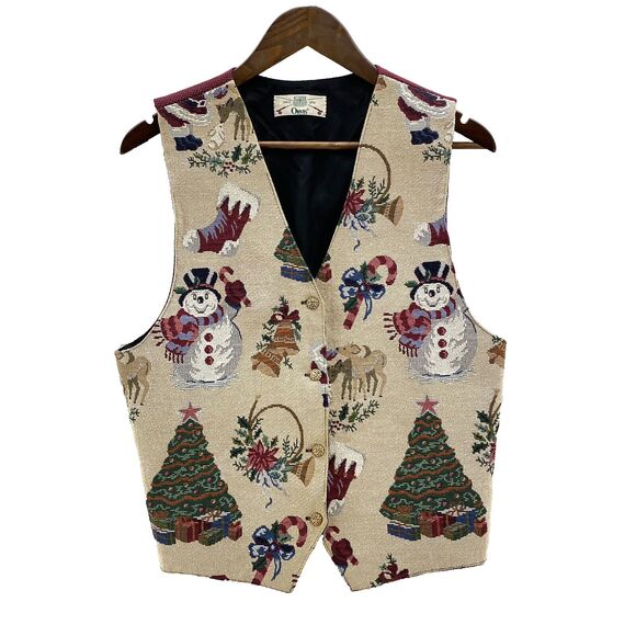 Orvis Jackets & Blazers - Vintage Orvis Tapestry Vest Winter Themed Gold Button Size Large Multicolor